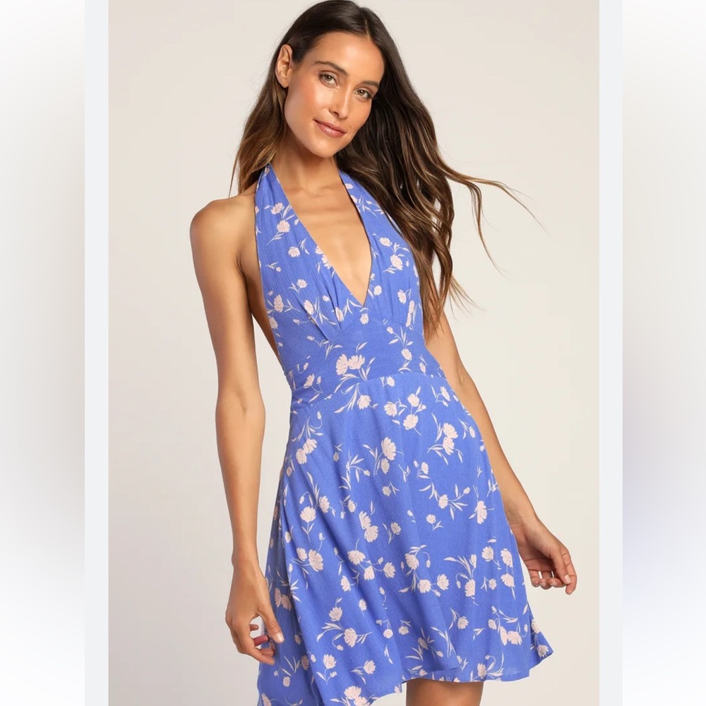 Lulus Blue Floral Mini Halter Dress, A line Dress, size small